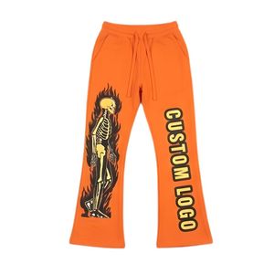 Custom Skeleton Graphic Flare Sweatpants Streetwear Flame Print Stacked Joggers Men Women Fleece Bell Bottom Trousers - Product Image 2