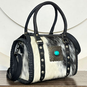 Bolsos de lona Speedy hechos a mano con cuero de vaca con pelo, estilo occidental con concho turquesa, bolso de hombro de viaje para mujer - Product Image 4