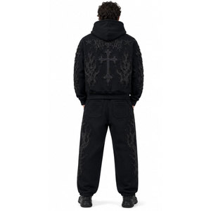 Ensemble de survêtement gothique avec sweat à capuche zippé et pantalon, motif flamme croisée brodé en 3D, longueur intégrale, vêtements d'hiver pour hommes - Product Image 4