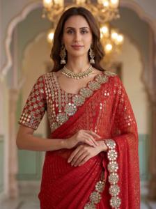 ส่าหรีอินเดียแบบดั้งเดิมสำหรับงานเทศกาล ผ้าจอร์เจตต์เทียม ประดับเลื่อม ปักลาย พร้อมกระจกแท้ ส่าหรีงานแต่งงาน - Product Image 5