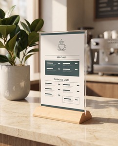 A4 Size Vertical Acrylic Sign Holders Wooden Base Clear Countertop Advertising Display Stands Desktop Elegant Design Laser - Product Image 3