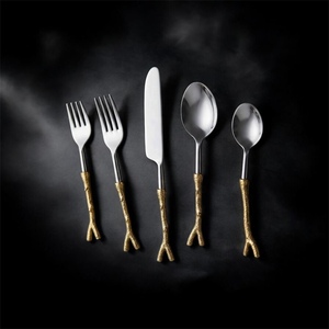 Gold Plated Cutlery Set <b>Mirror</b> Finish Long Handle Minimalist Design Creative Metal Utensils for Wedding - Product Image 2