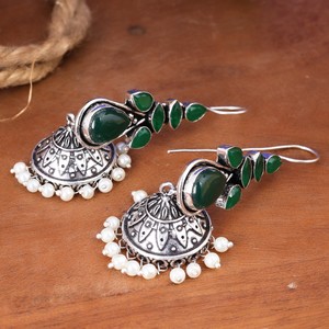 Factory Direct Green Stone <b>Oxidized</b> Silver Jhumka Earrings Handmade Ethnic Boho Pearl Drop Earrings for Women Wholesale Jewelry - Product Image 4