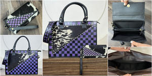 Bolso Tote de Cuero Vacuno Repujado Hecho a Mano de Primera Calidad con Conjunto Combinado de Cartera de Mano y Bolso de Pulsera, Patrón a Cuadros, Conjunto Combinado de 2 Piezas para Mujer - Product Image 3