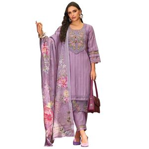 Women's Straight <b>Linen</b> Floral Embroidered Kurta Pant with Dupatta Set - Product Image 1
