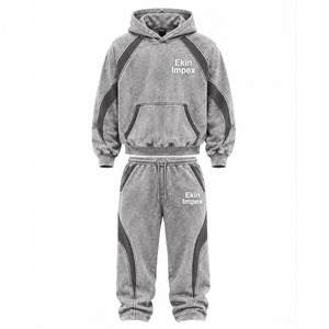 Ekin Impex Custom High Quality Men's White Black Solid 100% Cotton <b>Thermal</b> Heavyweight Streetwear 2 Piece <b>Tracksuit</b> Set Hoodie - Product Image 1