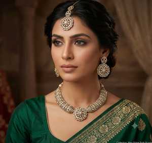 Luxury <b>Ruby</b> Emerald American Diamond Choker <b>Necklace</b> Set with Earrings and Maang Tikka Gold Plated Bridal Wedding Jewelry Set - Product Image 6