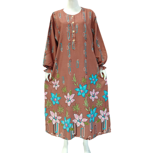 Women Simple Oversized Summer Long Sleeve <b>Dresses</b> Muslim Abaya Floral Print O-neck with Button Rayon - Product Image 3