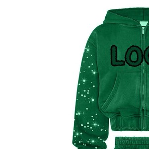 Conjunto de chándal verde con capucha y logo con purpurina, manga larga, corte holgado, ropa informal para mujer, temporada de otoño - Product Image 3
