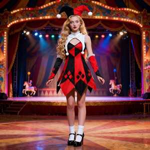 Costume de Clown Féminin à Carreaux Rouges et Blancs pour Halloween 2026, Uniforme de Jeu de Rôle, Cosplay de Ballet, 100% Polyester Rouge et Blanc - Product Image 1