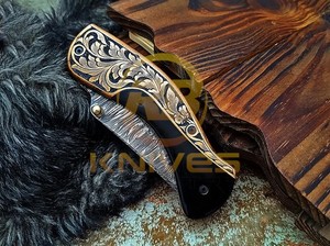 Couteau de poche pliant en acier Damas, manche en Micarta noir de qualité supérieure, gravure ornée, étui en cuir, OEM disponible, lame à pointe tombante - Product Image 6