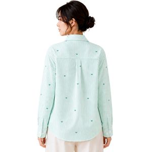 Chemisier en coton vert menthe et blanc rayé pour femme, à manches longues, boutonné, avec broderie cœur, coupe ample, style décontracté et oversize - Product Image 2