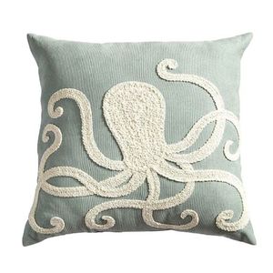 Hot Sale Square Embroidered Octopus <b>Throw</b> Pillow in Light Blue with <b>White</b> Marine Design Mediterranean Style Decorative Cushion - Product Image 1
