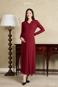 Robe moulante rouge à manches longues V1528 en tissu coréen doux, chaud et extensible, respirant, pour femmes enceintes, vente en gros - Product Image 2