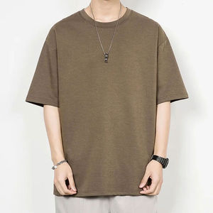 <b>Mens</b> Beige Light Khaki Crew Neck Oversized Short Sleeve Cotton Casual Summer Fashion Plain Top Custom Logo OEM ODM Wholesale - Product Image 3