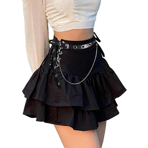 Custom Design Women's High <b>Waist</b> Gothic Punk Mini Skirt Black A Line Tiered Ruffle Hem with Belt <b>Chain</b> Wholesale - Product Image 2