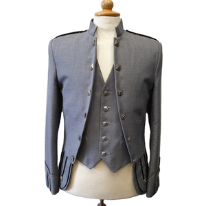 Handmade Embossed Patchwork Epaulet Casual Scottish Black Wool Safari <b>Jacket</b> with Vest for Men Breathable Autumn Wedding Wear - Product Image 1