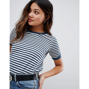 Women's Striped Crew Neck Short Sleeve T-Shirt Regular Fit Casual Spring Summer Cotton Jersey <b>Top</b> - Product Image 3