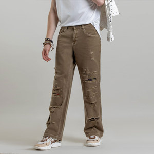 Pantalon en velours côtelé coupe droite pour homme, déchiré et vieilli, en coton mi-lourd, décontracté avec poches, style automne - Product Image 1
