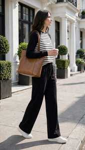 <b>Women's</b> Black <b>White</b> Striped Raglan Sweatshirt & Elastic Waist Wide Leg Pants 2 in 1 Lightweight Sports Casual <b>Tracksuit</b> Set - Product Image 4