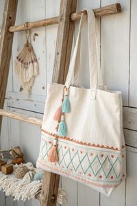Classy Embroidered Canvas Tote <b>Bag</b> with Tassels Cotton <b>Storage</b> <b>Bag</b> for Everyday Use - Product Image 2