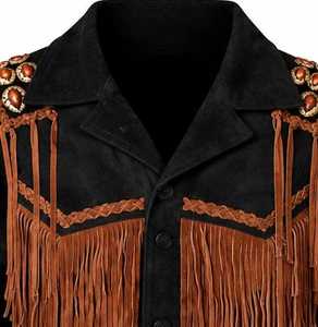 Veste noire pour homme avec col rabattu à franges brunes, manches classiques - Product Image 2
