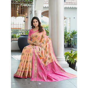 Sari Patola en organza de pêche chinois traditionnel tissé Zari Elite Weaves 600g - Product Image 5