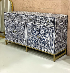 Bone Inlay Ottoman <b>Pouf</b> <b>with</b> Blue Resin Design Golden Metal Stand Drawers Modern Apartment Furniture - Product Image 3