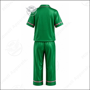 Aka Green pink Satin Women's Pajama Set Short Sleeve Button Front <b>Elastic</b> Waist Loose Fit Casual Wear with Pink Trim and Logo - Product Image 2