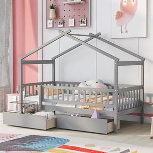 Letto a casetta in legno grigio a una piazza e mezza con due cassetti per bambini - Product Image 1