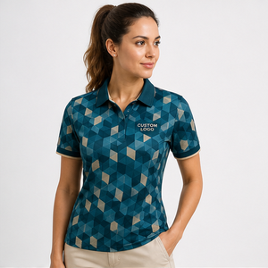Polo de Manga Corta con Logotipo Personalizado para Mujer, Color Azul Verde Azulado, Diseño Geométrico de Cubos, Secado Rápido, Sublimación, Ropa Deportiva de Golf - Product Image 4