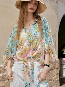 Blusa estampada de verano para mujer, camisa tejida holgada de manga larga con botones, top informal - Product Image 4