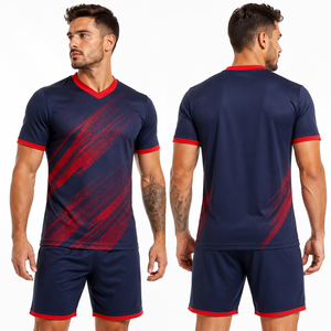 Uniforme de Fútbol al por Mayor, Conjunto de Camiseta Deportiva con Cuello en V y Pantalones Cortos en Rojo y Azul Marino para Jóvenes y Niños Unisex, Suministro Directo de Fábrica, Poliéster - Product Image 1