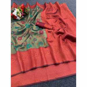 DISEÑADOR TISSU SEDA TRIPLE COBRE ZARI TEJIDO TRABAJO SAREE CON BLUSA DESCOSADA OLIVA - Product Image 1