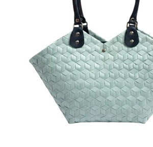 Trendy Light Green Geometric Woven <b>Plastic</b> Handbag And Handmade Bag High Quality Black Leather Strap Vacation <b>Tote</b> - Product Image 4