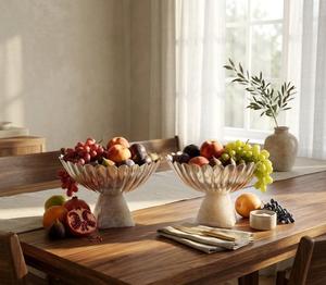 Corbeille à fruits en métal avec base en quartz rose, forme ronde, pour la maison et les événements, design personnalisable, style moderne - Product Image 1