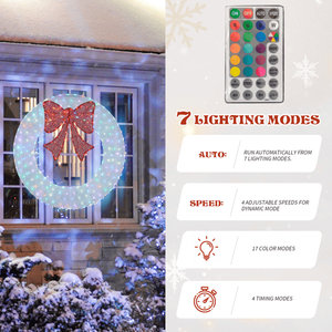 Ghirlanda Natalizia da Esterno Pre-Illuminata da 36 Pollici con Fiocco Rosso, Ghirlanda Decorativa in Metallo con Luci LED Telecomandabili e Timer - Product Image 6
