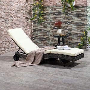 Lettino Prendisole da Esterno in Rattan PE con Cuscini, Schienale Regolabile e Ruote, in Ferro Bianco Sporco per Piscina - Product Image 2