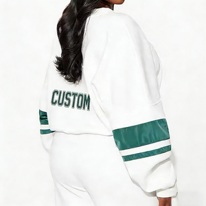 <b>Women's</b> <b>White</b> V-Neck Drop-Shoulder Cropped <b>Sweatshirt</b> Green Letter Print Front Logo Autumn Casual Pullover 100% Cotton - Product Image 3