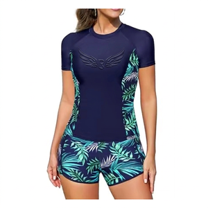 <b>Women's</b> Navy Blue <b>Short</b> Sleeve Anti-UV Rash Guard Tropical Print <b>Shorts</b> Quick Dry Eco-Friendly <b>Swim</b> Wear Set Front Logo Design - Product Image 6