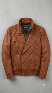 Chaqueta de hombre estilo baggy de cuero de cordero color coñac claro con cierre de cremallera, estilo oversize, para uso urbano. - Product Image 2