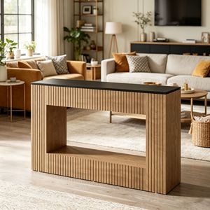 Consolle Moderna Rustica in Teak con Piano in Marmo, Tavolo Lungo Elegante per Soggiorno, Ingresso, Magazzino, Appartamento, Hotel, Stoccaggio - Product Image 4