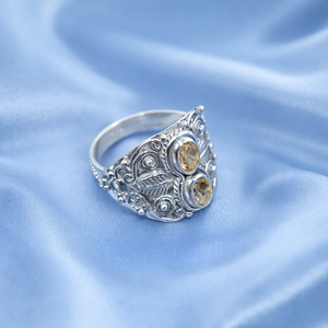 Anillo vintage hecho a mano de plata de ley 925 con citrino, grabado con hojas florales, estilo bohemio, anillo de doble piedra, regalo de Navidad - Product Image 6