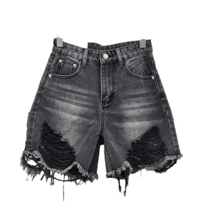 Pantalones Cortos de Mezclilla Rasgados de Cintura Alta para Hombre, Estilo Casual, Negros, de Algodón Tejido, con Cierre de Botones - Product Image 1
