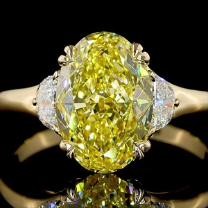 Brilliant 3 CT Oval Cut Lab Grown Yellow Diamond IGI Certified Three Stone Design 14k Solid Yellow Gold Minimalist Women's Ring - Product Image 3