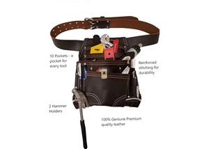 Heavy Duty <b>Leather</b> <b>Tool</b> Belt With Multiple Pockets And Metal Clips Black - Product Image 2