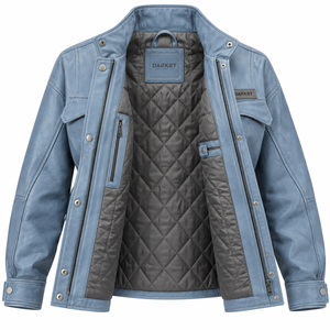 Chaqueta de Campo de Piel de Cordero Genuina Azul Polvoriento para Mujer, Abrigo Utilitario Ligero de Cuero con Cuello a Presión, Forro Acolchado y Cintura Ajustable - Product Image 5