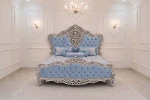 Ensemble de meubles de chambre à coucher modernes et luxueux, orné d'éléments argentés, en teck massif, taille complète, ensemble de lit durable, taille personnalisable, meubles pour la maison - Product Image 2