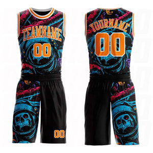 Maillot de basket personnalisé à col rond avec sublimation, motifs Têtes de mort Cyberpunk, noir, orange, bleu, rose, blanc, logo d'équipe personnalisé - Product Image 1