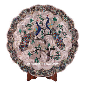 Plaque en marbre blanc incrustée de motifs floraux sculptés à la main, de forme ronde, utilisée pour la décoration de cuisine - Product Image 6